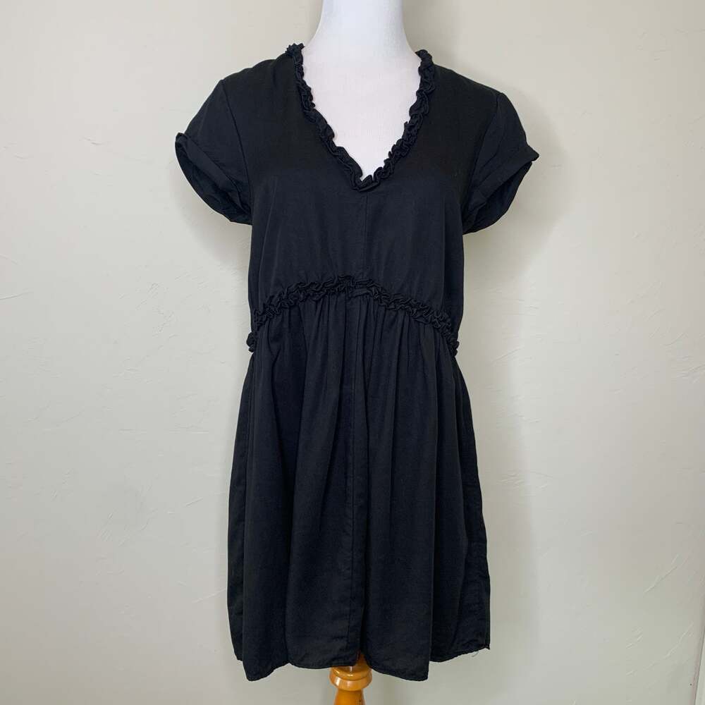 Zara Babydoll Black Dress Ruffle Trim Sz XS